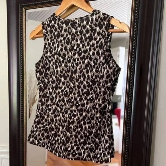 Ann Taylor Petite Animal Print V Neck Ruffle Blouse Brown - Picture 2 of 4